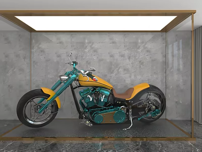 Teal and Yellow Custom Motorcycle Showcased in Glass Display Case with Gray Walls 3d model