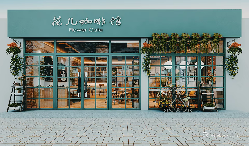 Flower Cafe Exterior With Green Facade Large Glass Windows Hanging Plants And Flower Stand 3d model 
