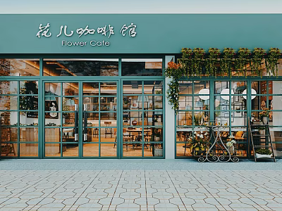 Flower Cafe Exterior With Green Facade Large Glass Windows Hanging Plants And Flower Stand 3d model