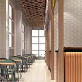 Modern Restaurant Interior With Food Counters Menu Displays And Tables In Bright Spacious Dining Area