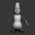 Playful Snowman with Silver Bucket Hat Glasses Orange Nose Brown Arms Blue Gloves Black Feet