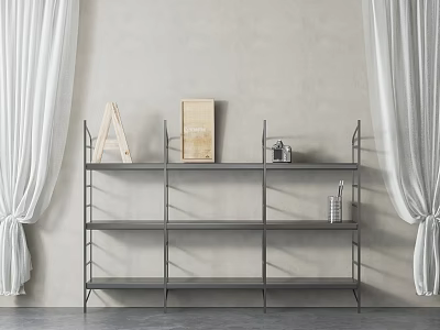 Modern Metal Storage Shelf with White Curtains Wooden Letter A Frame and Decor Items 3d model