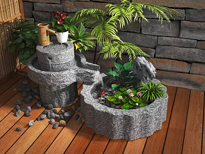 Garden Water Feature With Stone Fountain Circular Pond Green Plants On Wooden Deck 3d model