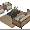 Rattan Sofa Coffee Table Set With Accent Chairs And Decorative Plants 3d model