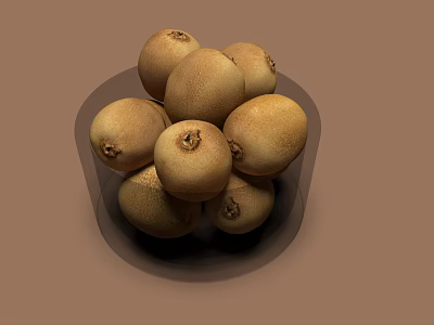 Juicy Fresh Ripe Kiwis in Transparent Bowl on Brown Surface 3d model