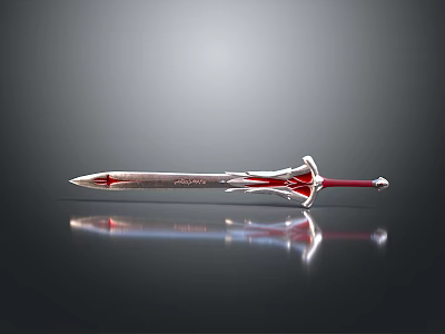 Silver Blade Red Hilt Decorative Sword On Black Background With Reflection 3d model