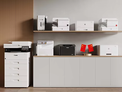 Modern Office Printers Display On Shelves With White Black Devices And Cabinets 3d model