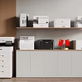 Modern Office Printers Display On Shelves With White Black Devices And Cabinets