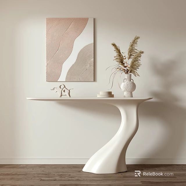 Elegant Modern Console Table With Curved White Design Decorative Vase And Abstract Wall Art 3d model 