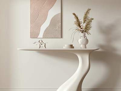 Elegant Modern Console Table With Curved White Design Decorative Vase And Abstract Wall Art 3d model