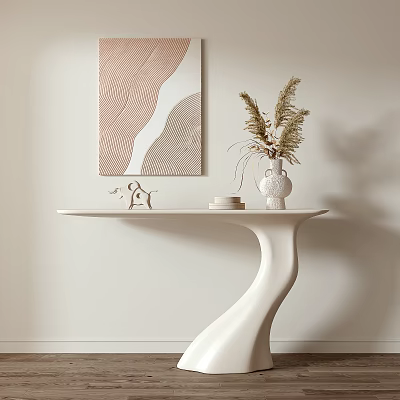 Elegant Modern Console Table With Curved White Design Decorative Vase And Abstract Wall Art 3d model