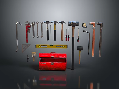 Essential Hardware Tools Collection Including Wrenches Hammers Pliers Level Tool And Red Toolbox 3d model