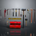 Essential Hardware Tools Collection Including Wrenches Hammers Pliers Level Tool And Red Toolbox 3d model