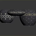 Three Round Blue Bean Bag Chairs With White Star Patterns And Golden Geometric Trim