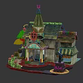 Cartoon Style House with Green Spire Tower Striped Awning Porch and Small Shop Decorations
