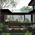 Modern Garden Design With Outdoor Seating Lush Plants And Ambient Lighting