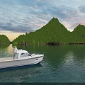 Scenic Garden Landscape on Island with Lush Green Trees and Blue Water Featuring White Yacht