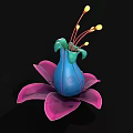 Colorful Floral Design With Pink Petals Blue Vase Like Structure And Yellow Stamens