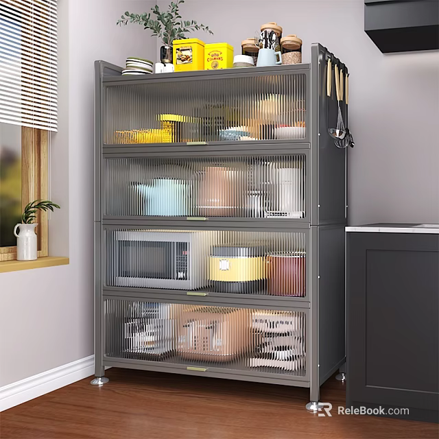 Gray Multi Tiered Buffet Cabinet With Microwave Oven Cans And Storage Boxes In Kitchen 3d model