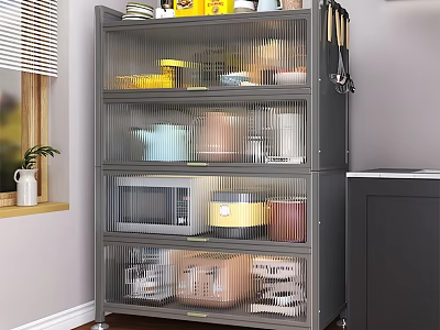 Gray Multi Tiered Buffet Cabinet With Microwave Oven Cans And Storage Boxes In Kitchen 3d model