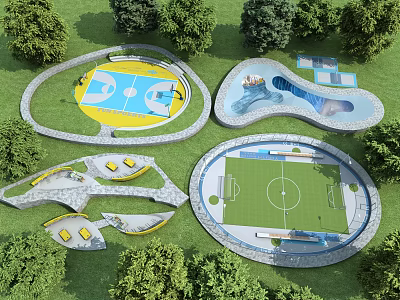 Outdoor Recreational Area With Basketball Court Swimming Pool Football Field Seating Areas And Trees 3d model