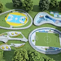 Outdoor Recreational Area With Basketball Court Swimming Pool Football Field Seating Areas And Trees