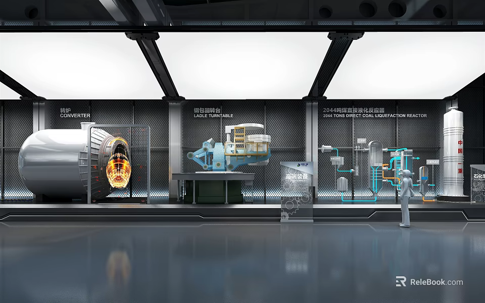 Industrial Technology Showcase With Large Machinery And Display Cabinets 3d model 
