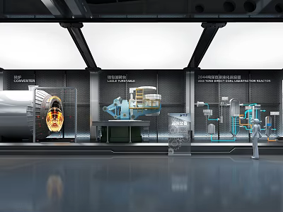 Industrial Technology Showcase With Large Machinery And Display Cabinets 3d model