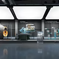 Industrial Technology Showcase With Large Machinery And Display Cabinets