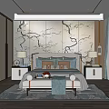 Modern Bedroom Interior With Tree Branch Wall Art Bed Nightstands Lamps Bench And Area Rug