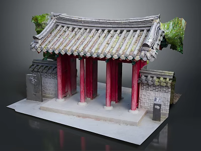 Traditional Chinese Entrance Gate Featuring Red Pillars Tile Roof Brick Walls And Green Plants 3d model