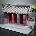 Traditional Chinese Entrance Gate Featuring Red Pillars Tile Roof Brick Walls And Green Plants