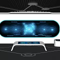 Futuristic Exhibition Hall With Interactive Digital Displays Blue Interface White Lines And Ceiling Lights 3d model