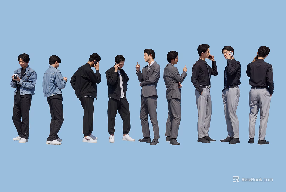 Multiple Men In Various Poses With Casual And Formal Outfits Standing Against Blue Background 3d model 