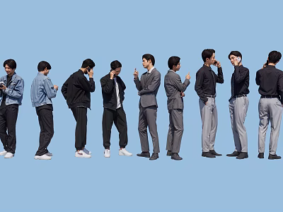 Multiple Men In Various Poses With Casual And Formal Outfits Standing Against Blue Background 3d model