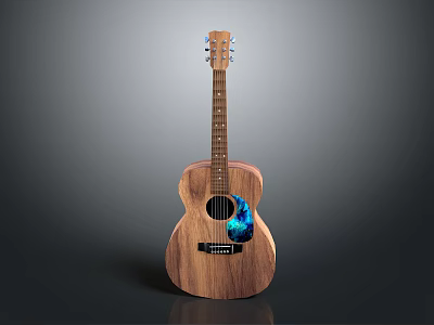 Natural Wooden Acoustic Guitar With Blue Decorative Pattern And Smooth Surface Finish 3d model