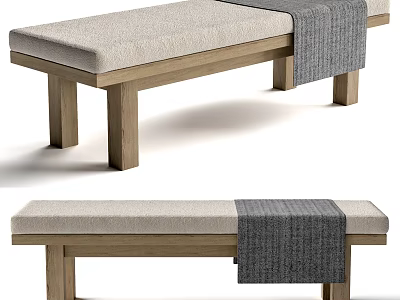 Stylish Sofa Bench With Wooden Legs Light Colored Cushion And Gray Blanket 3d model