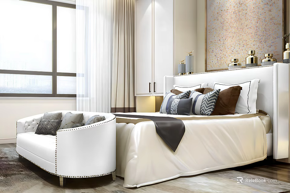 Elegant Modern Double Bed Bedroom Interior With White Headboard Decorative Pillows And Throw Blanket 3d model 
