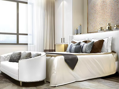 Elegant Modern Double Bed Bedroom Interior With White Headboard Decorative Pillows And Throw Blanket 3d model