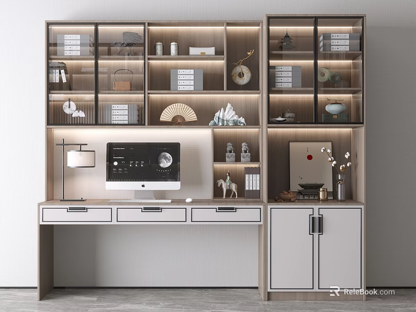 Modern Home Office Desk With Glass Door Bookshelf Table Lamp Computer And Decorations 3d model 