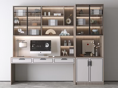 Modern Home Office Desk With Glass Door Bookshelf Table Lamp Computer And Decorations 3d model