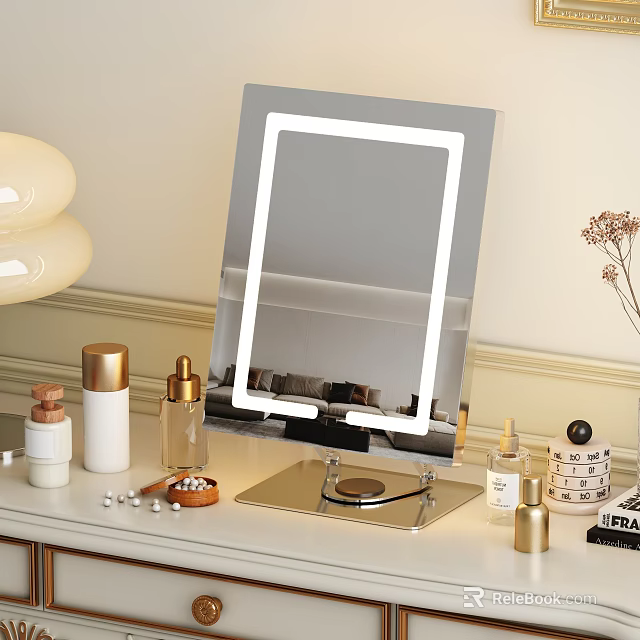 Elegant Decorative Ornament Set With Lighted Mirror Skincare Bottles And Small Beads On Dressing Table 3d model 