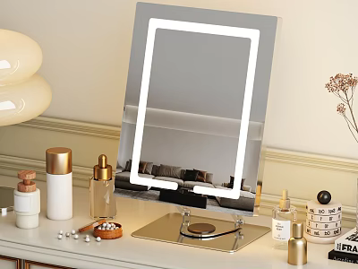 Elegant Decorative Ornament Set With Lighted Mirror Skincare Bottles And Small Beads On Dressing Table 3d model