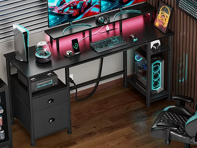 Modern Gaming Desk With Dual Monitors RGB Neon Lights Keyboard And PC Case 3d model