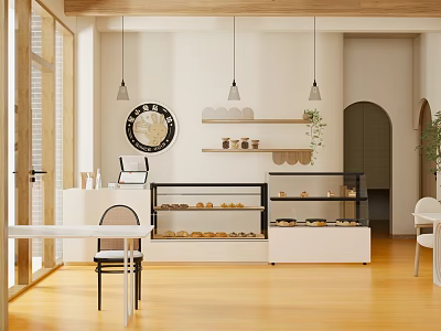 Cozy Dessert Shop Interior With Glass Display Cases Fresh Pastries Wooden Tables And Hanging Lights 3d model