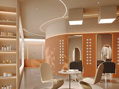Elegant Beauty Hair Salon Interior With Orange Curved Walls Mirrors Styling Chairs And Product Shelves 3d model