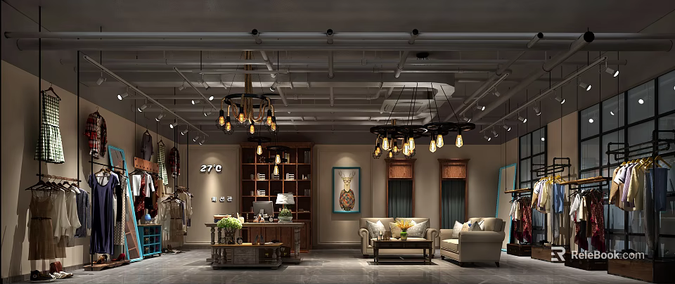 Elegant Clothing Store Interior With Chandeliers Display Shelves Framed Art And Sofas 3d model 