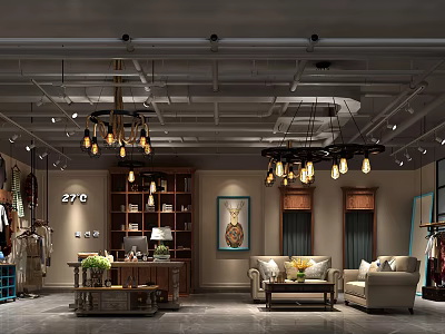 Elegant Clothing Store Interior With Chandeliers Display Shelves Framed Art And Sofas 3d model
