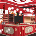 Red Exhibition Booth with Modern Design Open Layout Shelves Products Display Pendant Lights and Counter