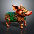 Ornate Pig Shaped Decorative Furniture Piece With Intricate Green And Brown Patterns